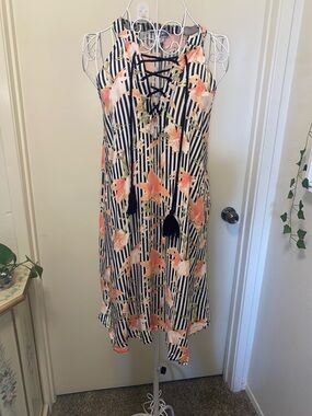 JustFab Black & White Striped Mini Dress with Peach Floral Print